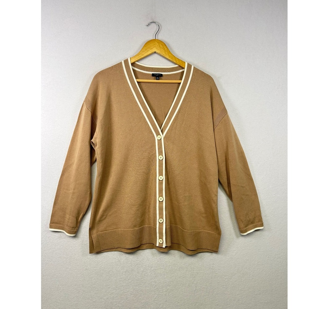 Talbots Varsity Cardigan Sweater Womens XLP Tan Cream Cotton Blend